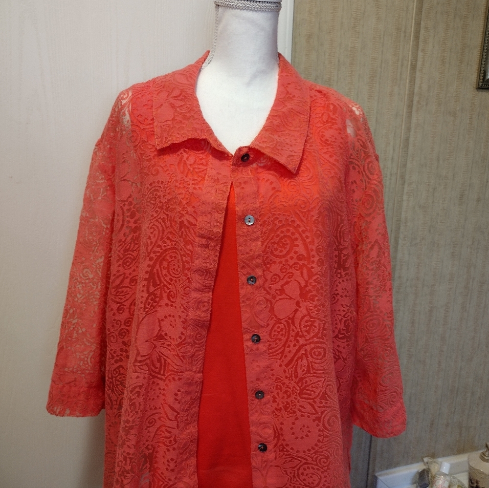 Coral Lace Button-Up Blouse With Matching Tank Top.